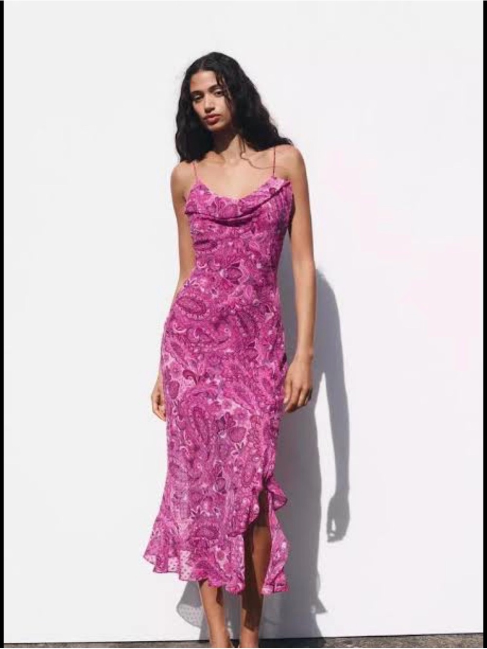 ZARA Pink Paisley Printed Midi Slip Dress Cowl Neck Slit NWT XL